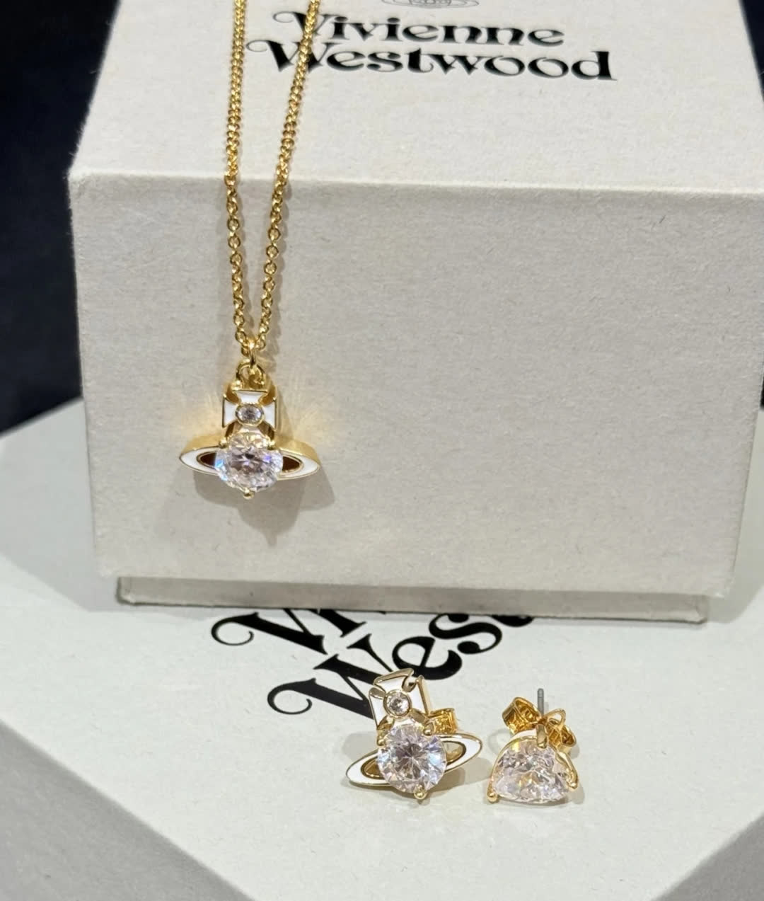 Vivienne Westwood Gold Tone Crystal Orbit Necklace and Earrings Set